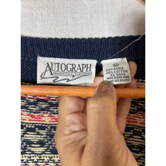 Vintage Cardigan Sweater Vest Medium Navy Blue Cream Pink Nordic Winter - Picture 5 of 8